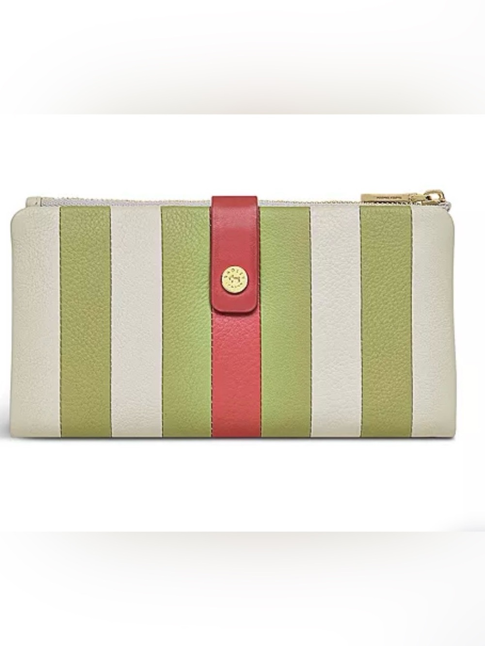 RADLEY LONDON Larkswood Green & Cream Stripe Bifold Wallet with Pink Snap Strap